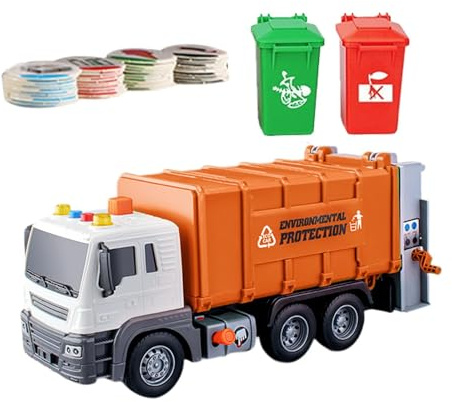 ICDKOYK Camion Poubelle réaliste avec 40 Cartes de tri des déchets, véhicule de Recyclage à Friction pour Enfants, avec lumières et Sons éducatifs, Orange