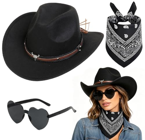 FCXVXCL Cowboyhut Damen Set 3 Stück Cowboy Hut Cowboyhut Zubehör Set mit Herzbrille und Schal Cowgirl Accessoires für Halloween Wilder Westen Kostü Karneval Mottoparty Rosa
