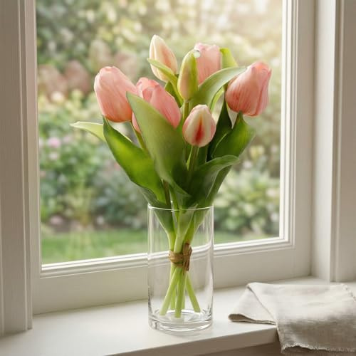 Zouwel 7 Stück Frühlingsdeko Kunstblumen: Künstliche Tulpen wie Echt, Real Touch Tulpenstrauß - Perfekte Deko für Frühling (Rosa)
