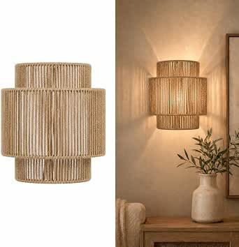 LOGT Boho Lampe Wandlampe Innen, Vintage Hanfseil Wandleuchte E27, handgewebte Rattan Lampe aus Naturmaterial, Boho Wandlampe für Wohnzimmer Schlafzimmer Flur, Boho Deckenlampe Stil, ohne Leuchtmittel