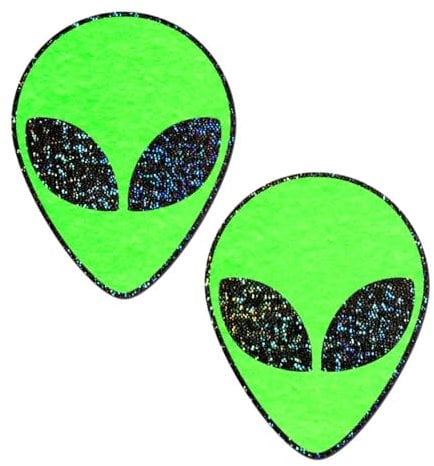 PASTEASE Festival Pasties - Nippelabdeckungen für Festivals, Raves & Dessous | Halloween-Kostümzubehör | wasserdicht, Alien Ufo Green Glow in the Dark Alien Black Glitter Eyes, Einheitsgröße