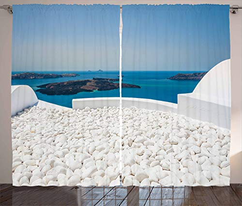 ABAKUHAUS Landschaft Rustikaler Vorhang, Santorin Griechenland, Wohnzimmer Universalband Gardinen mit Schlaufen und Haken, 280 x 225 cm, Türkis Weiß