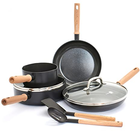 Greenpan Hudson - Juego de ollas y sartenes de cerámica saludable, 8 piezas, mango inspirado en madera vintage, sin PFAS, apto para lavavajillas, color negro