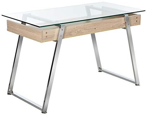 HOMCOM Bureau d'Ordinateur Table Informatique avec Plateau Verre Trempé Étagère de Rangement Support en Métal 120 x 60 x 74,5 cm
