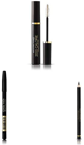 Max Factor 2000 Calorie Mascara schwarz, Langanhaltende Wimperntusche + Kohl Kajal Black 20, Schwarzer Kajal perfekt für Smokey Eyes + Eyebrow Pencil Ebony Augenbrauenstift mit Bürste