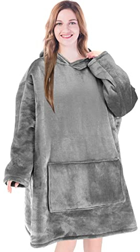 EHC Unisex Sherpa Oversized Microfiber Wearable Warm Hooded Sweatshirt Cuddly Blanket - Grey