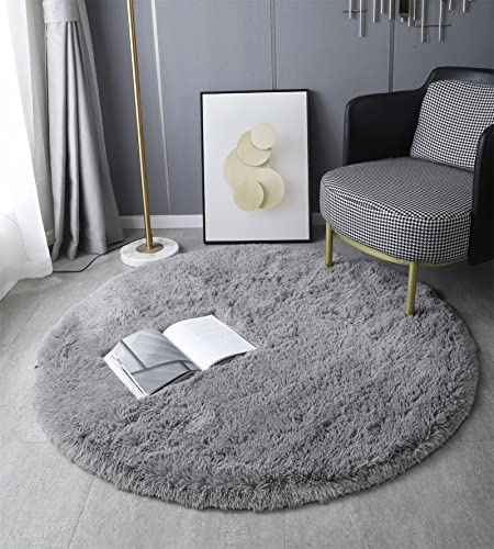LYKEJI Runder Teppich, Langflor, Modern, für Wohnzimmer, Schlafzimmer, Esszimmer oder Kinderzimmer, Komfortable Hochflor-Bodenmatte Anti-Rutsch-Teppich (140cm X 140cm, Grau)