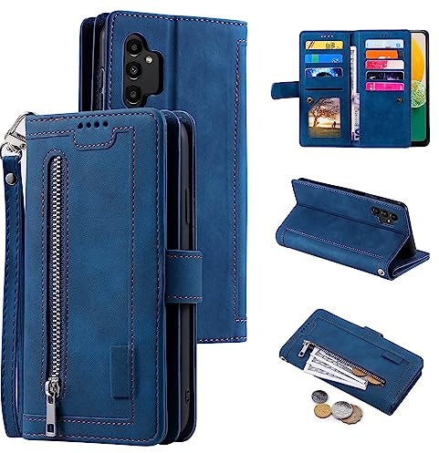 EYZUTAK Wallet Phone Case for Samsung Galaxy A13 5G/4G/A04S, Retro Matte 9 Card Holder Slots Zipper Pocket Case PU Leather Magnetic Closure Kickstand with Wrist Strap Folio Flip Case - Blue