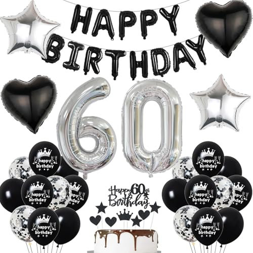 60. Geburtstag deko mann Schwarz 60 jahre Geburtstagsdeko mann set, Folienballon 60 Happy Birthday banner Konfetti Luftballons 60 Geburtstag Dekoration Schwarz deko männer 60 Jahre