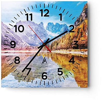 Modern Wanduhr Herbst Landschaft Berge 30x30cm Quadrat Klein Wand Uhr Glas Analog Zimmeruhren Küche Büro Wohnzimmer Glasuhr Wall Clock Dekoration Design Wanddekoration Küchenuhr C4AC30x30-4624