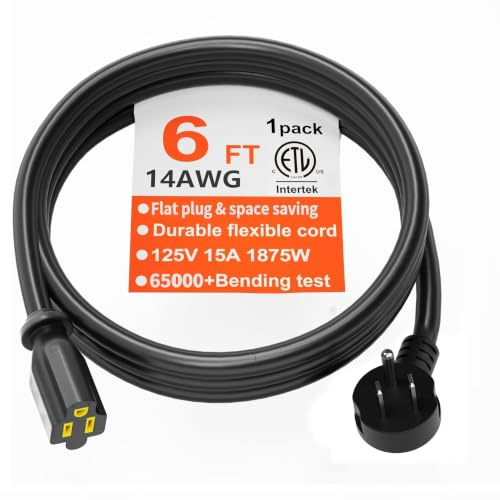 HUANCHAIN 14 Gauge 6 FT Black Flat Plug Extension Cord, Indoor | Low Profile Flat Plug, Heavy Duty 3 Prong Grounded, Flexible SJTW, 15A 1875W 125V, ETL Listed, Home/Workshop/Outdoor