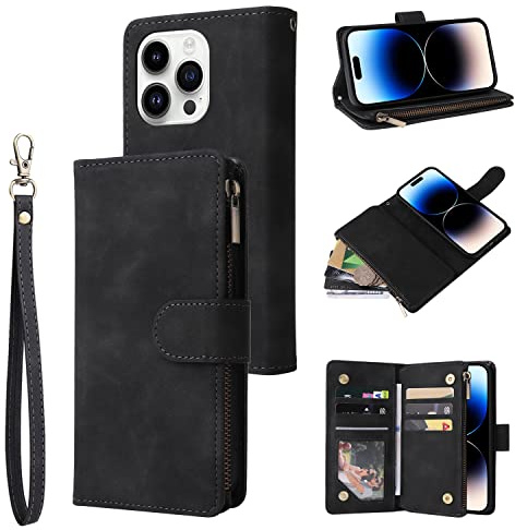 QLTYPRI Case for iPhone 14 Pro, Large Capacity Leather Wallet Case 6 Card Holder & 1 Zipper Pocket Kickstand Wrist Strap Magnetic Case for iPhone 14 Pro - Black