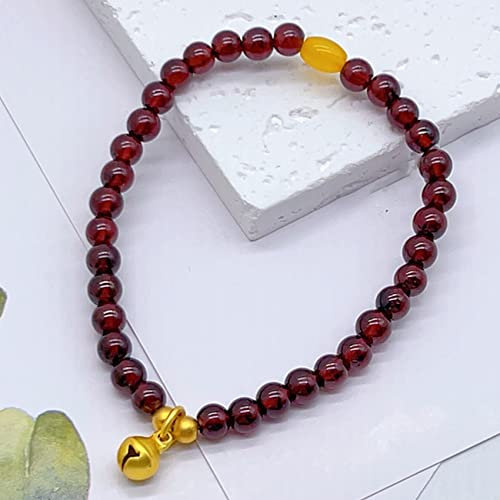 Natürliches Granat-Armband Feng Shui-Perlen-Armband Vergoldetes Glücks-Armband mit kleinem Glöckchen-Anhänger, spiritueller Talisman for Reichtum, Geld, Glück, Wohlstand, Yoga, Meditation Zinnober
