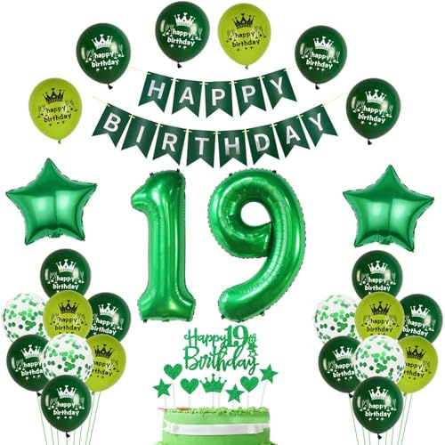 19. Geburtstag Deko Grün, luftsballon 19. Geburtstag Mädchen Junge Dekoration,Geburtstagsdeko 19 Jahre Mädchen ballon, Tortendeko 19. Junge Set