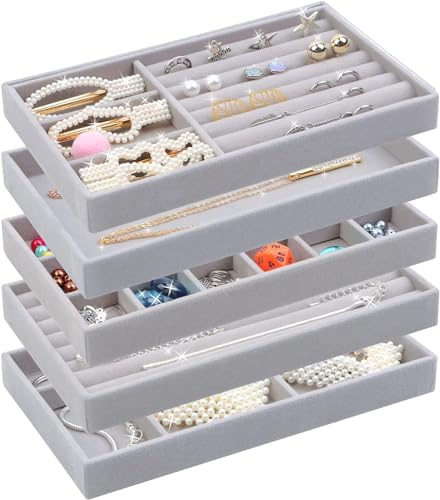 5 Pezzi Organizzatore Gioielli Vassoio Porta Gioielli in Velluto Organizer Gioielli da Cassetto Impilabili con Divisori Rimovibili Portagioie da Cassetto per Anelli, Collane, Orecchini e Bracciali