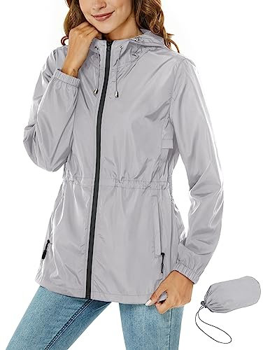 Rapbin Imperméable pour femmes, veste de pluie légère et pliable, avec capuche et poche, style trench-coat, gris foncé, 3XL