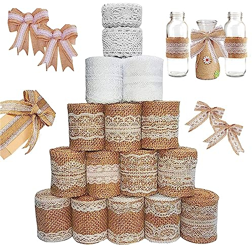 16 Roll Natürliche Juteband Spitzenband, 12 Juteband mit Spitze + 4 Spitzenband weiß Vintage, Natürliche Vintage Juteband Leinwand Band für DIY Handwerk Deko Hochzeit Geburtstag Party