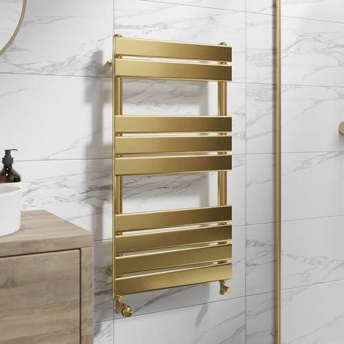 DuraTherm® 950 x 500mm Flat Panel Heated Towel Rail Radiator Modern Central Heating Bathroom Warmer Wall Mounted Ladder Rad, Brushed Brass