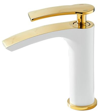 Mitigeur Lavabo Salle de Bain Cascade Monotrou Chaud Et Froid Robinet Salle de Bain Robinet Monocommande En Laiton,blanc + Or,court
