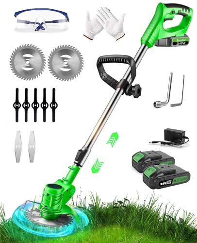 Cordless Strimmer 24V Grass Trimmer Garden Electric 18,000 RPM Heavy Duty Metal Blade lawn Edger Brush Cutter Electric with Battery and Charger Garden Clearing Weeds Flower Trees