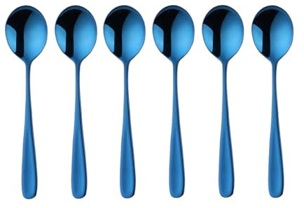 SBOMHS Esslöffel Müslilöffel 18/10 Edelstahl Suppenlöffel 6-stück Menülöffel länge 17,5CM Breit 4,5CM Tafellöffel Suppentassenlöffel für Porridge Dessertlöffel Soup Spoons (Blau)