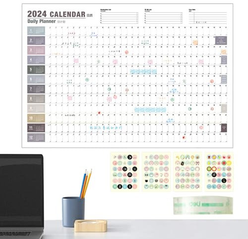 Kirdume 2024 jährliches Wandkalender-Poster, 365-Tage-Kalender 2024 Wandposter,Jährlicher Wandkalender 2024 - Posterkalender für Wandarbeiten, Arbeitszimmer, Zuhause, Wandplaner, Jahresplaner 2024