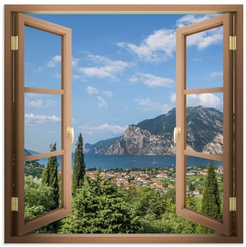 ARTland Wanddeko Wandbild Alu Verbundplatte für Innen & Outdoor Bild 100x100 cm Fensterbilder Fenster Landschaften Natur Berge See Idyll Gardasee Südtirol U5CD