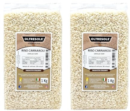 Oltresole, Riz Carnaroli Italien Artisanal, emballage sous vide de 2 x 1 kg, Riz à haute teneur en amidon avec d'excellentes propriétés de cuisson, idéal pour les risottos, les timballi et la paella.