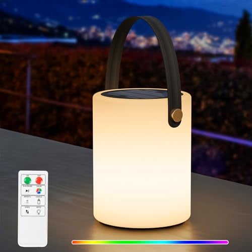 RWWR Solar Lampe Outdoor Solarlampen LED 2-in-1 Aufladung LED tischleuchte Akku Tischlampe kabellos mit Fernsteuerung 8 Farben Dimmbar IP44 für Terrasse Camping Garten Balkon (D)