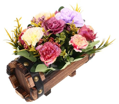 FUNOMOCYA 1 Satz Künstliche Nelken Mit Blumentopf in Fassform Blumentopf Mit Hölzernen Nelken Zur Dekoration Kunstblumen Holztopf Fassform Satz
