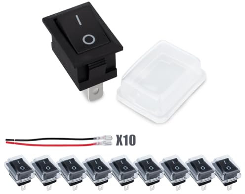 Innfeeltech 10 Pcs Mini Interruptor Basculante Negro KCD1-101 Interruptor de Palanca de 2 Pines y 2 Posiciones, 20 Cables (10 Negro, 10 Rojo) con 10 Tapas Impermeables