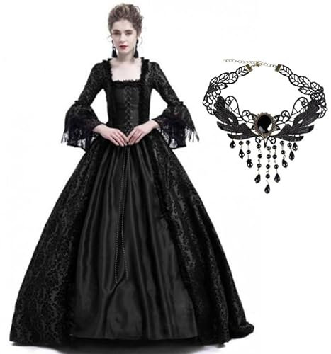 Velcoxplay Women's Victorian Queen Costume Rococo Puff Sleeves Maxi Dress Long Sleeve Medieval Renaissance Gothic Lolita Party Swing Evening Dress Black M