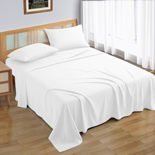 MOONLIGHT20015 Flat Sheets Double 100% Egyptian Cotton White Bed Sheet 200 Thread Count Hotel Quality Bedding - Breathable and Wrinkle Resistant Non Iron Top Sheet