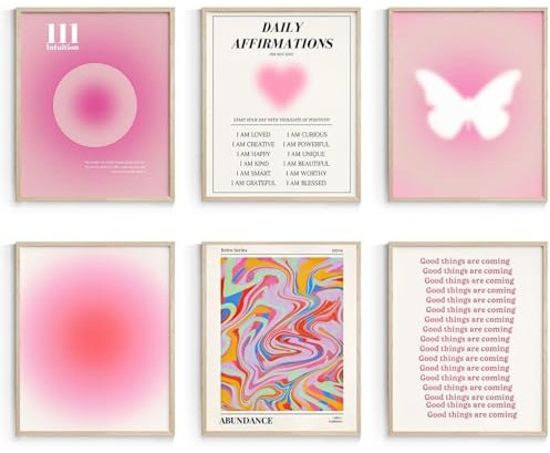 Linilioart Lot de 6 affiches murales abstraites roses dégradées sur toile, art mural rétro Preppy avec citations spirituelles, sans cadre (30 x 40 cm, rouge)