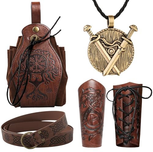 XIEXIESHER Wikinger Kleidung, 6 Stk Mittelalter Kleidung Damen Herren, Armschutz Bogenschießen, Armschienen Mittelalter, Mittelalter Gürtel Damen, Wikinger Deko für Halloween Cosplay Wikinger Kostüm
