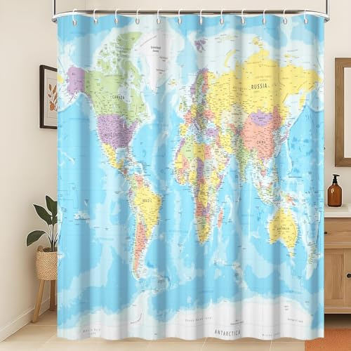 Xiaoterna Rideau de Douche Carte du Monde Rideau de Douche Continents de l'océan Bleu Rideau de Douche Carte du Monde Rideau de Douche géographie Tissu imperméable et Lavable en Machine 120x180cm