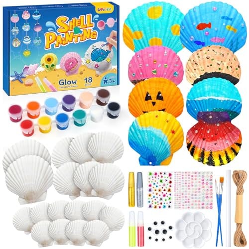UPDOKIT Kit Pintura de Conchas que Brillan en la Oscuridad para Niños, Regalo para Niños de 3 4 5 6 7 8 9 10 11 12 Años, DIY Pintura y Manualidades para Niños, Accesorios para Campanas de Viento