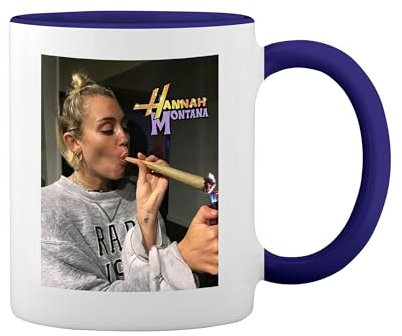 Hannah Montana Smoking Weed Miley Weiße Tasse Mug mit blauem Felgen und Griff