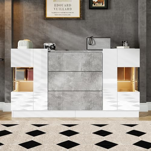 Elegantes Sideboard mit 2 Türen und 3 Schubladen – Hochglänzende weiße Fronten und Grauer Marmorlook, LED-Beleuchtung mit 16 Farben, 140 x 35 x 75 cm