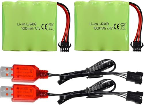 2PCS 7.4 V 1000 mAh Lithium Battery with SM-4P Plug and USB Charging Cable for RC Car Boat Truck, DE36W DE65 NO.1809 RC Toy Car, Off-Road Car Climbing Drift Racing Battery