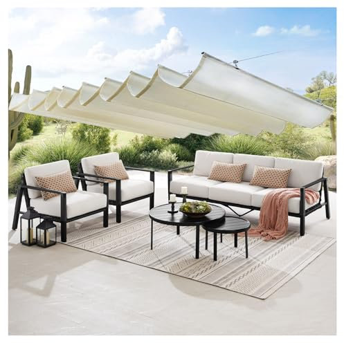 Pergola rétractable en forme de U avec motif de vagues pour extérieur, 3 x 4 m, blanc