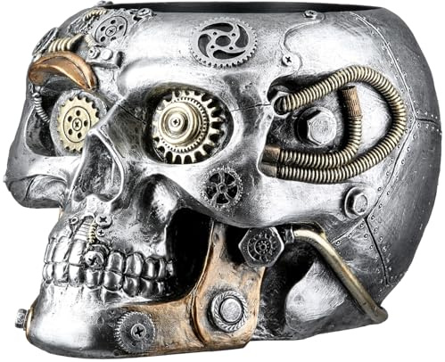 GILDE Übertopf Steampunk Skull Planter - Kunstharz - Höhe 14cm x Breite 18cm - Silber - Antikfinish - Zahnrädermotiv - Totenschädel