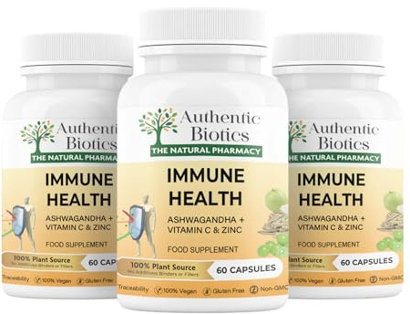 Authentic Biotics Ashwagandha KSM-66 with Vitamin C & Zinc – 60 Vegan Immunity Support Capsules | Plant-Based Multivitamin & Mineral Supplement for Stress, Energy & Immune Health | Pack of 3