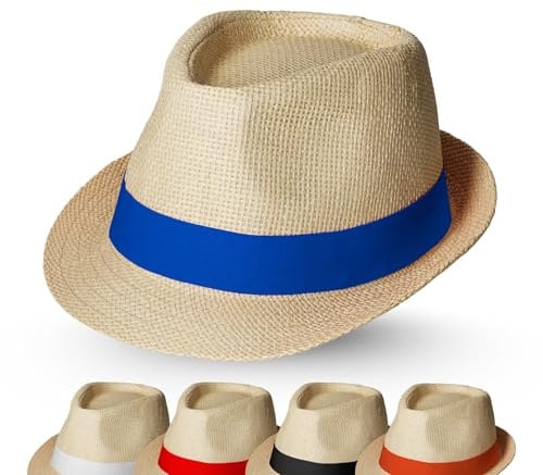 Sommerhut 'Salvador' Unisex - Sonnenhut für Damen & Herren im Trilby-Design - Panama Hut mit stylischem Klettverschlussband - Kopfbedeckung für Garten, Strand & Urlaub, Farbe:beige/blau
