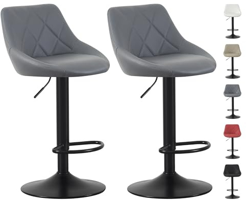 mcc direct Set of 2 Bar Stools, Height Adjustable Swivel Barstools, Counter Stools with Backrest, Faux Leather Seat, Footrest and Metal Base for Home, Kitchen and Restaurant (Grey) - Stanley