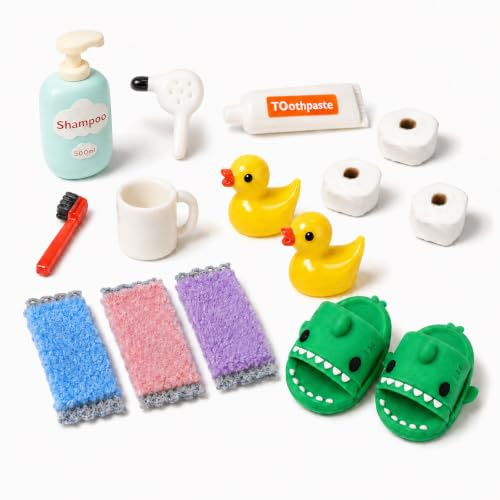 Wichtel‑Zubehör, komplettes Weihnachts‑Wichtel‑Set, 14‑teiliges Badeset für die Wichteltür, Miniatur‑Accessoires für Miniaturgestaltung und Weihnachtsdeko, inklusive Zahnbürste, Handtücher und Enten