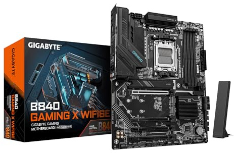 GIGABYTE B840 GAMING X WIFI6E Motherboard - AMD Ryzen 9000 CPUs, 12+2+2 Phases VRM, up to 7600MHz DDR5(O.C), 2xPCIe 4.0 + 1xPCIe 3.0 M.2, Wi-Fi 6E, 2.5GbE LAN, USB 3.2 Gen 2