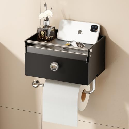 Voldra Toilettenpapierhalter Ohne Bohren, Klopapierhalter Mit Feuchttücherbox Klorollenhalter Kleben Wc Papier Halterung Zum Kleben Wc Rollenhalter Toilet Paper Holder Frontflip Design(Matt Schwarz)