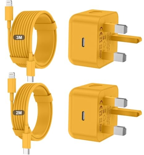 iPhone Charger Fast Charge 20W PD Fast for Apple Charger UK USB C Plug With 2M&3M iPhone Fast Charger Cable [ MFi Certified] Lightning Cable for iPhone 14 13 12 11 Pro Max, iPad (Yellow, 2Packs)
