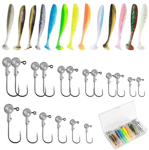 58 Pcs Fishing Lures, 6 Sizes Jig Heads Fishing Hooks, with Soft Plastic Lures Tackle Box Kit, 10g 7g 5g 3.5g 1.8g 1g jig Heads for Artificial Soft Lure and Fishing Hooks Freshwater & Saltwater Fish